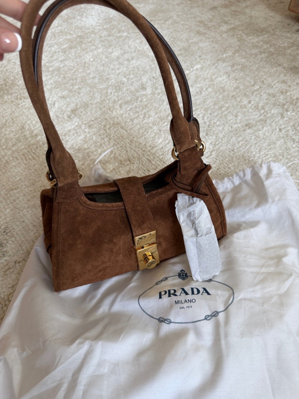 Prada Brown Suede Bag with Gold Hardware